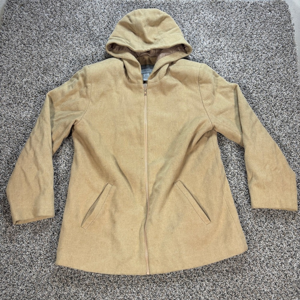 Eddie Bauer Women's Large Tan Wool Blend Zip Up Hooded Jacket Coat Beige